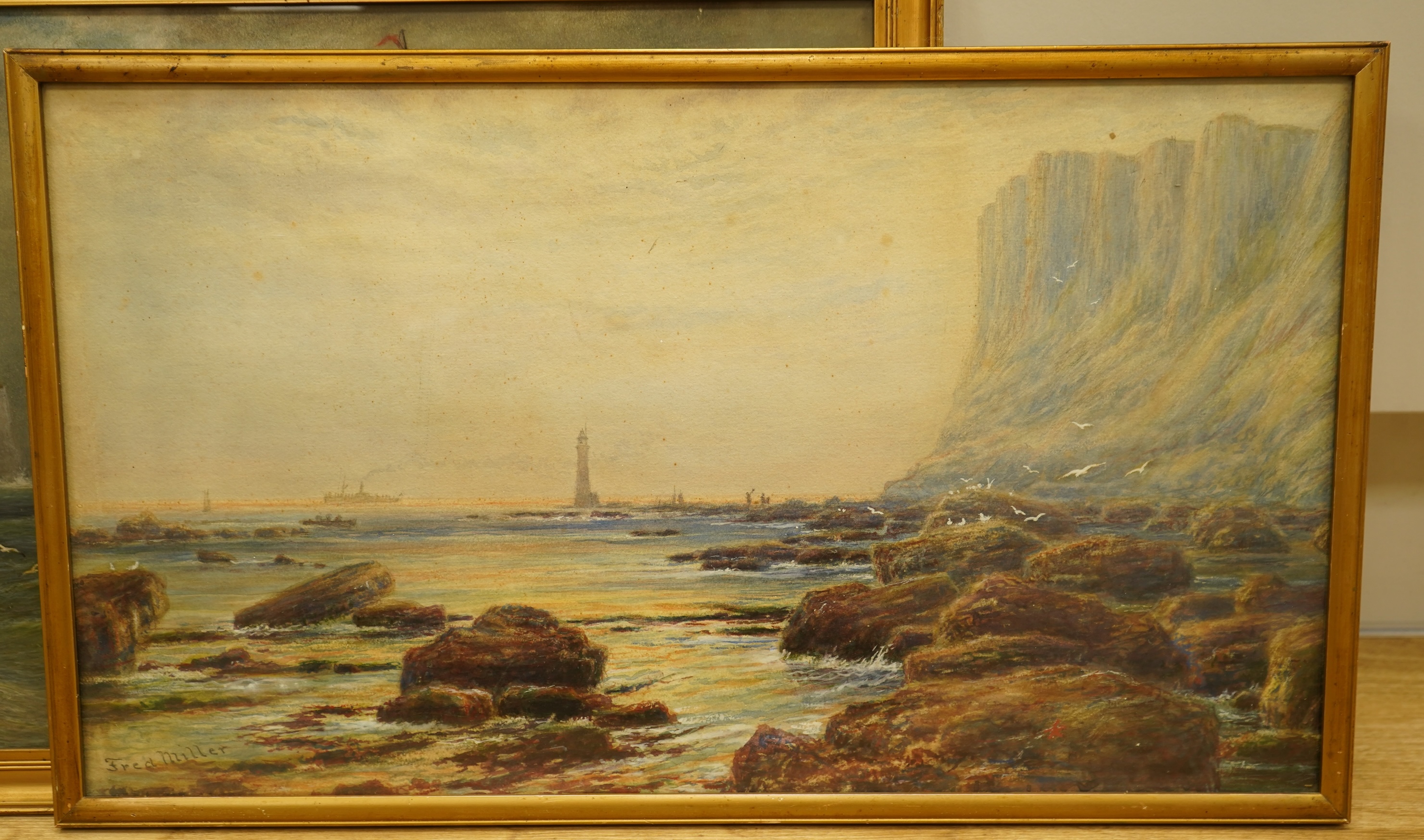 Frederick Miller (fl.1880-1892), Seaford and Beachy Head Views, each signed, two watercolours and mixed medias, 30 x 50cm